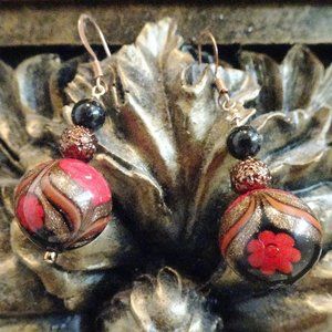 Handmade black and crimson Murano earrings